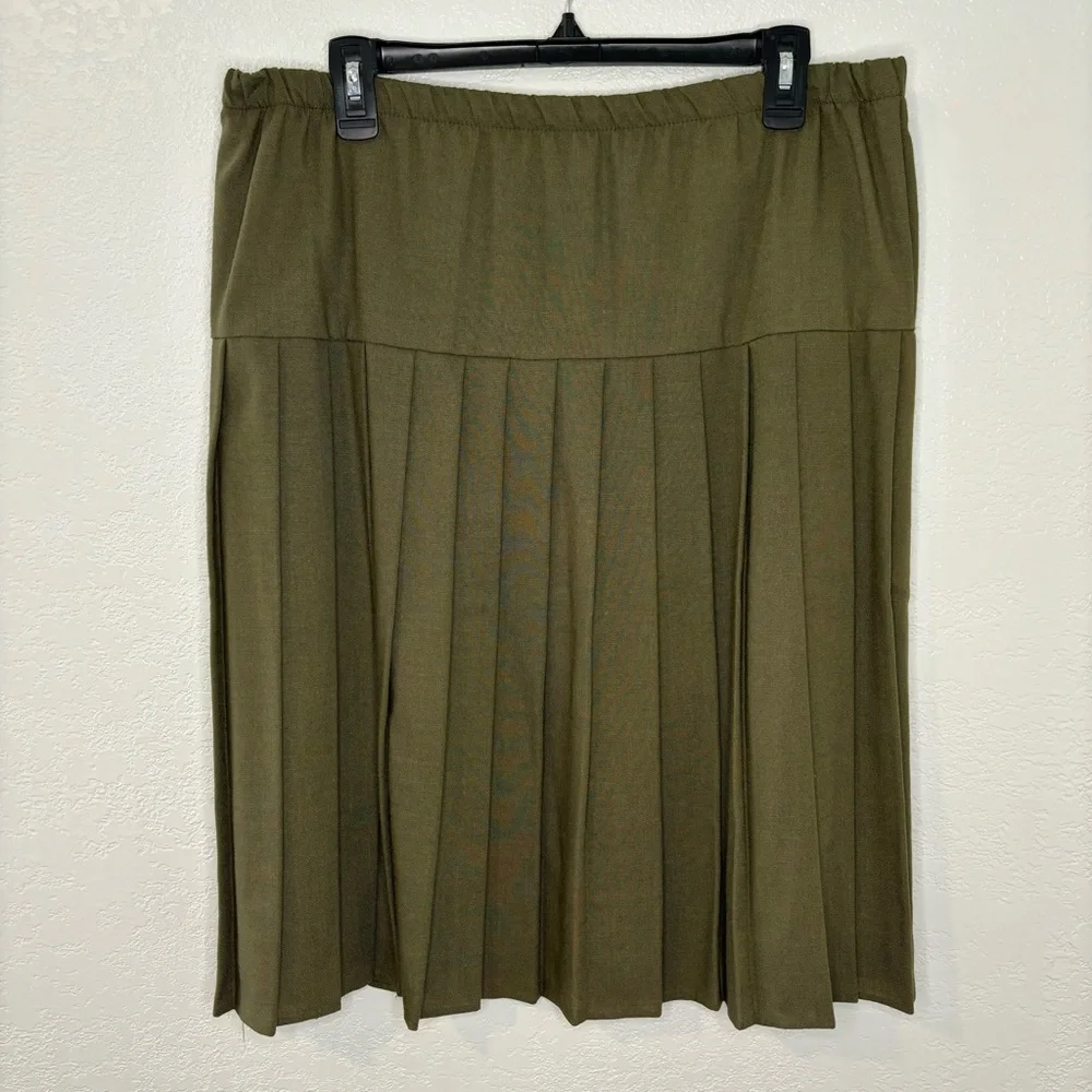 Vintage 80s Army Green Pleated A-Line Midi Skirt Women’s 14P‎ Made in the USA